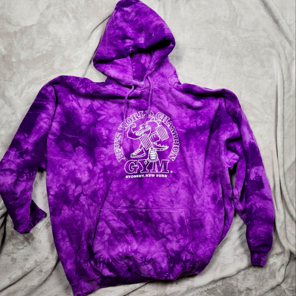 Bevs World Champion Gym East Coast Mecca Tie Dye Purple Hoodie 3XL